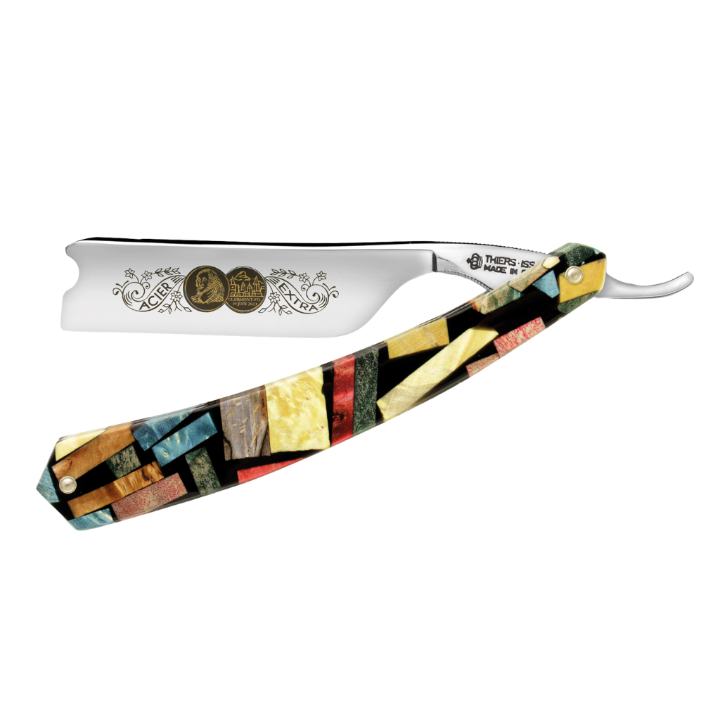 Thiers Issard &#39;Médaille Pascal&#39; Straight Razor 6/8&quot; Harlequin Stabilized Poplar Wood Carbon Steel.