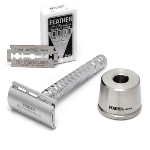 feather as d2s double edge safety razor stainless steel with stand