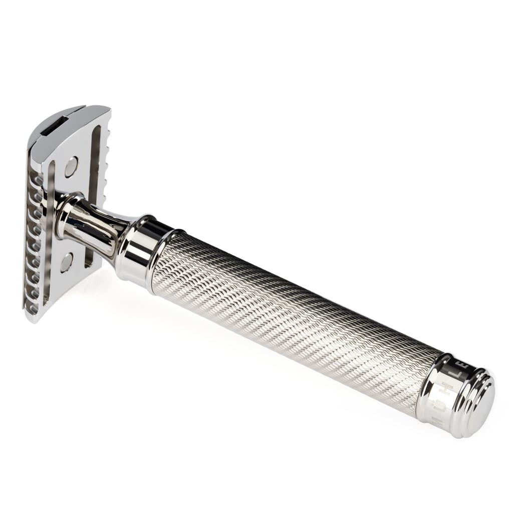 merkur 25c long handle chrome double edge safety razor- grown man shave