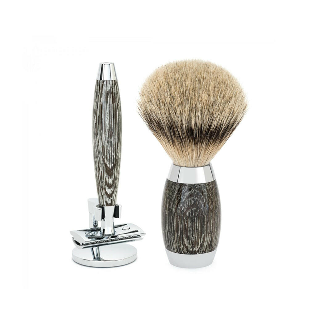 Muhle Ancient Oak 3 Piece Silvertip Badger Shaving Brush &amp; Safety Razor Set