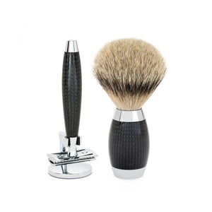 Muhle Carbon 3-Piece Silvertip Badger Shaving Brush & Safety Razor Set