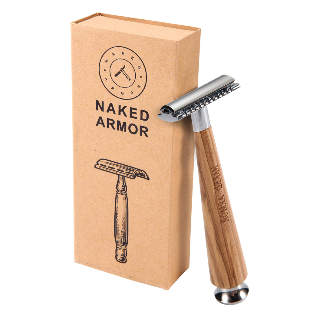 Naked Armor Gaswain Safety Razor Olive Wood Zinc Aluminum.