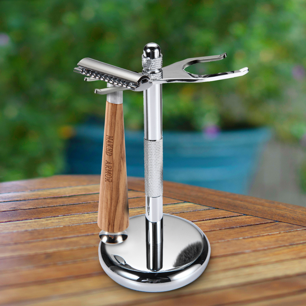 Naked Armor Gaswain Safety Razor Olive Wood Zinc Aluminum.