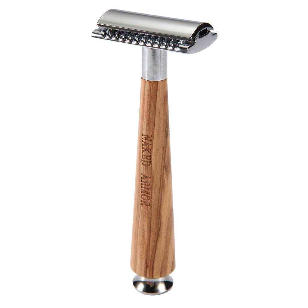 Naked Armor Gaswain Safety Razor Olive Wood Zinc Aluminum.