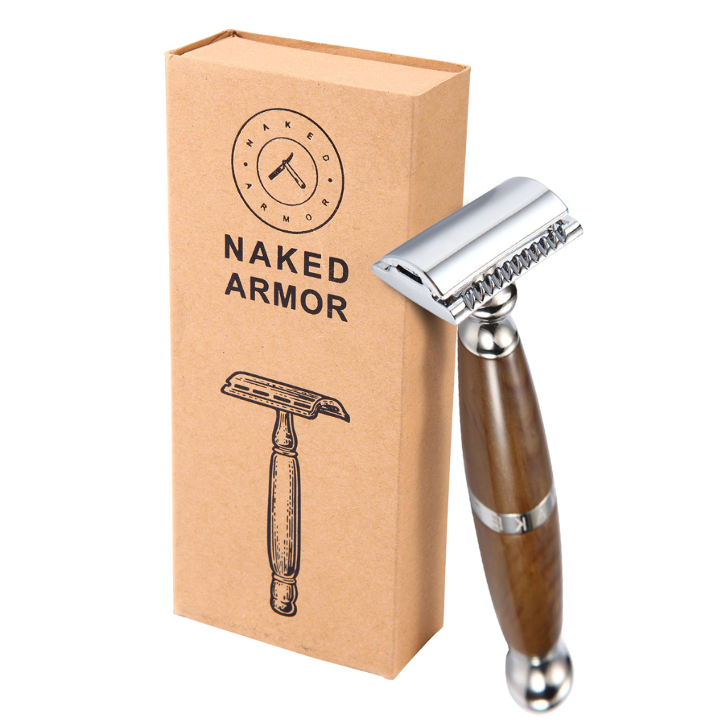 Naked Armor Priamus Safety Razor Wood Finish Resin Zinc Aluminum.