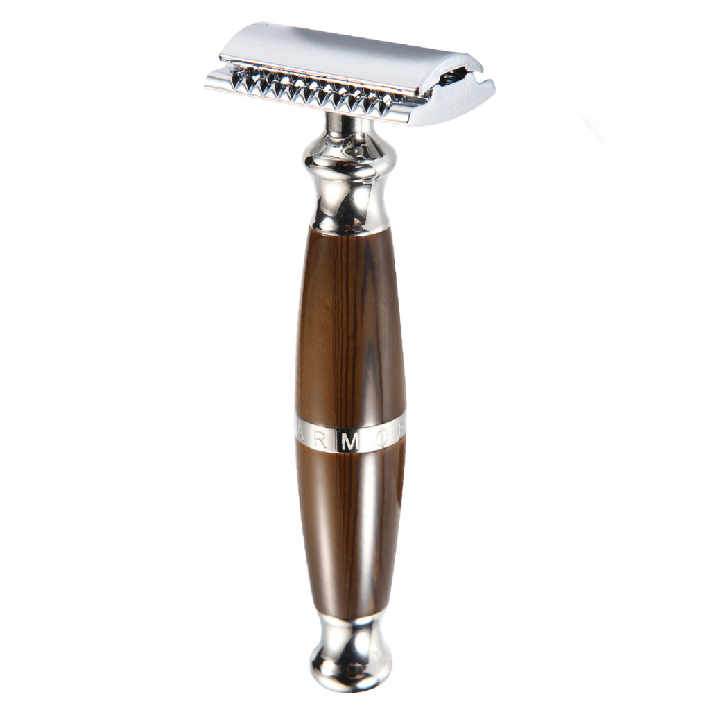 Naked Armor Priamus Safety Razor Wood Finish Resin Zinc Aluminum.