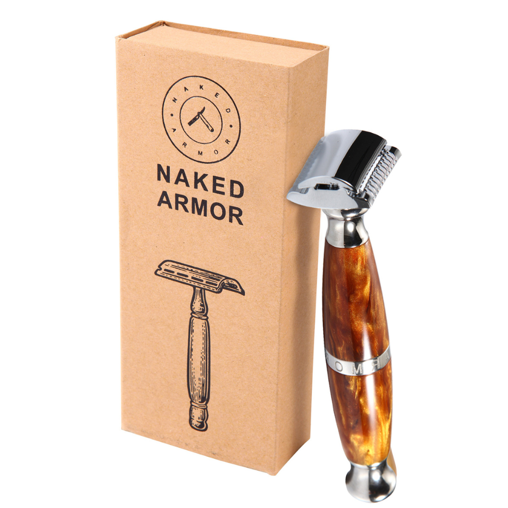 Naked Armor Priamus Safety Razor Wood Finish Resin Zinc Aluminum.