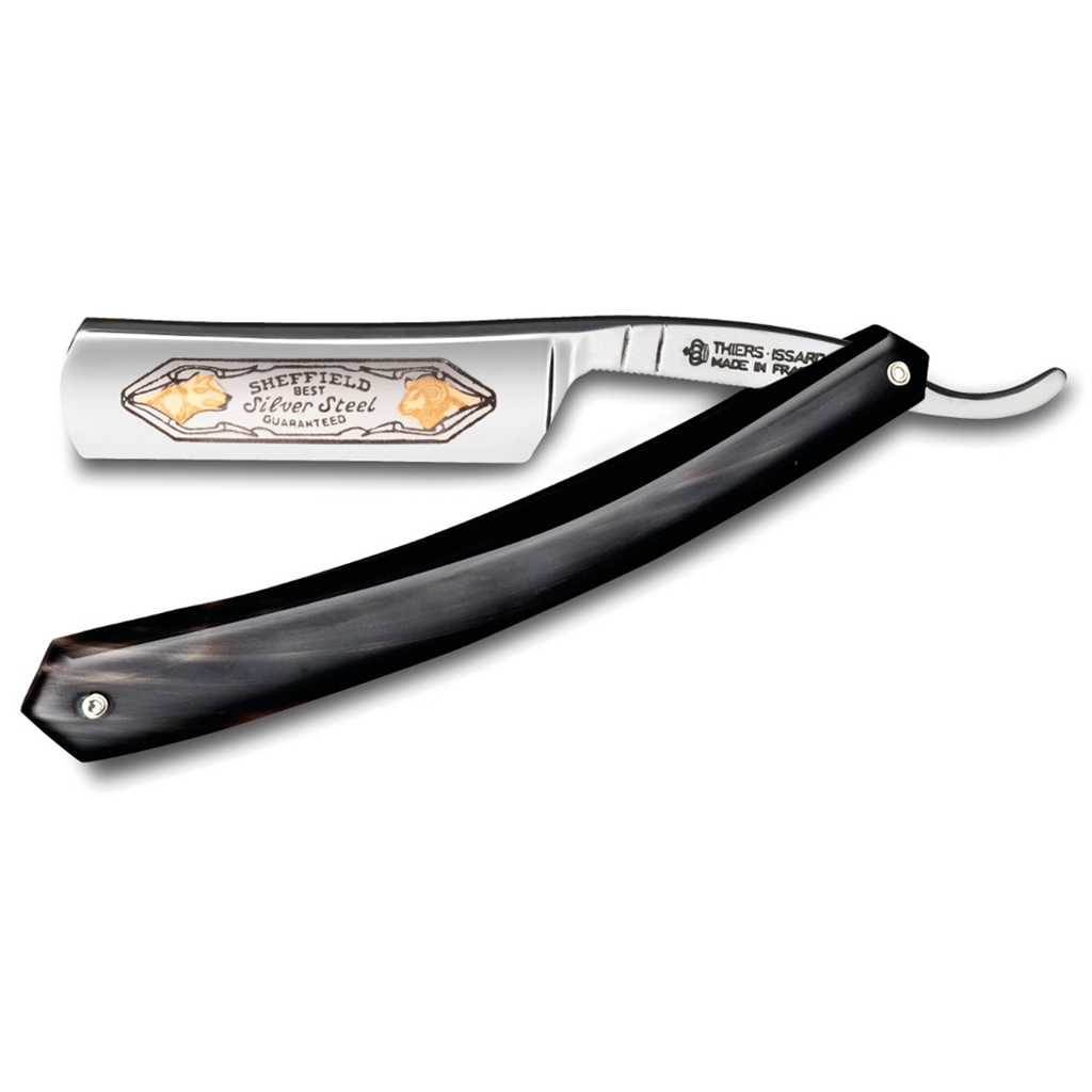 Thiers Issard &#39;Sheffield Best Silver Steel&#39; Wolf and Ram Straight Razor 5/8&quot; Black Cow Horn Tip Carbon Steel