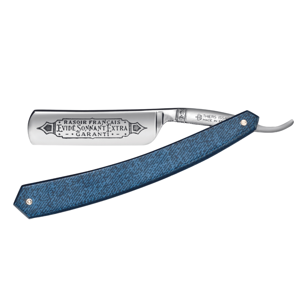 Thiers Issard &#39;Evide Sonnant Extra Garanti&#39; Straight Razor 6/8&quot; Blue Jeans Micarta Carbon Steel.