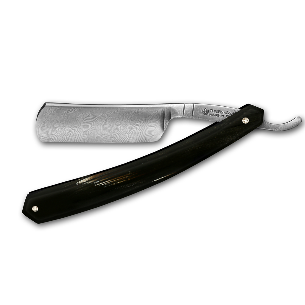 Thiers Issard Damascus Steel Straight Razor 6/8&quot; Black Cow Horn Tip