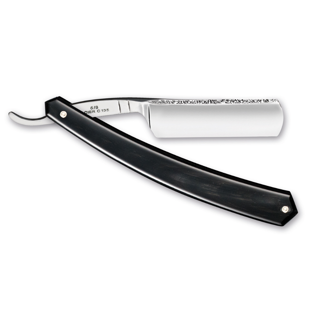 Thiers Issard Historic &#39;Bucephale&#39; Straight Razor 6/8&quot; Black Cow Horn Carbon Steel.