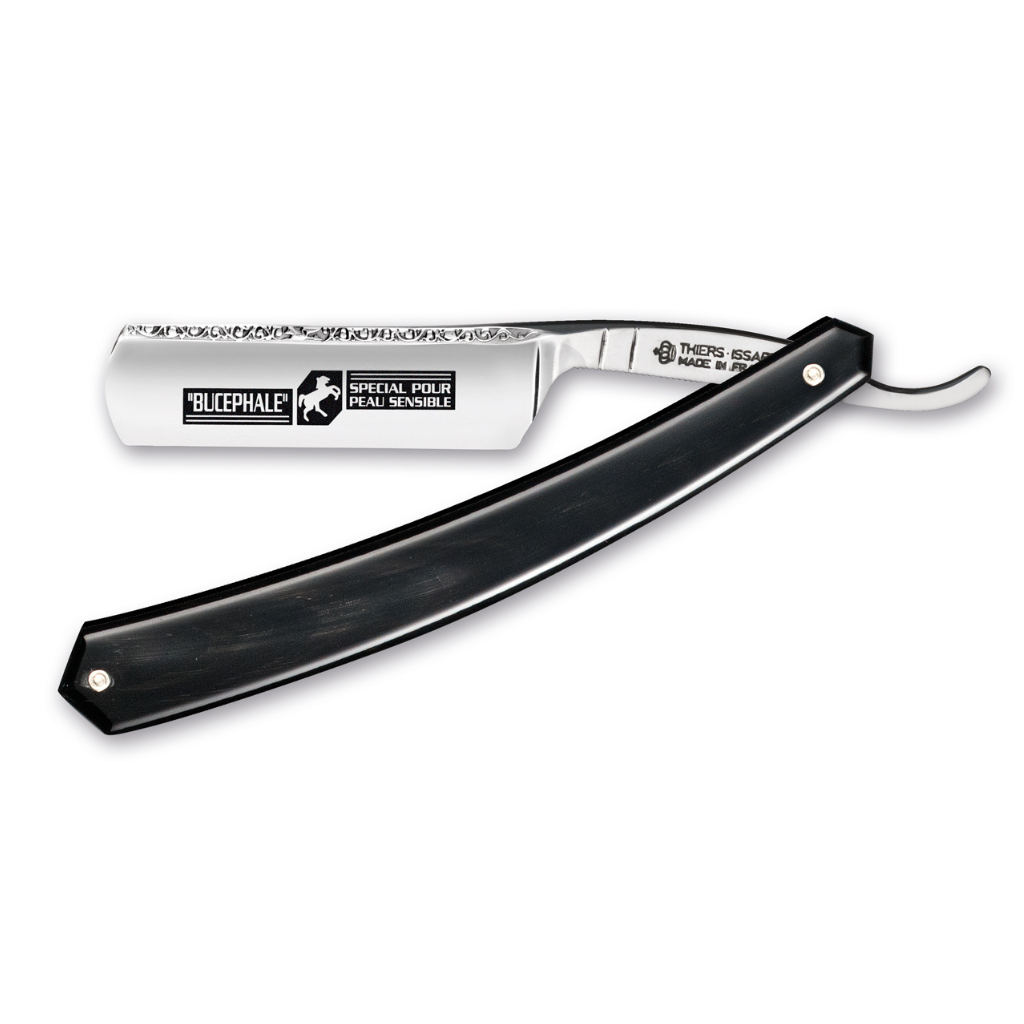 Thiers Issard Historic &#39;Bucephale&#39; Straight Razor 6/8&quot; Black Cow Horn Carbon Steel.