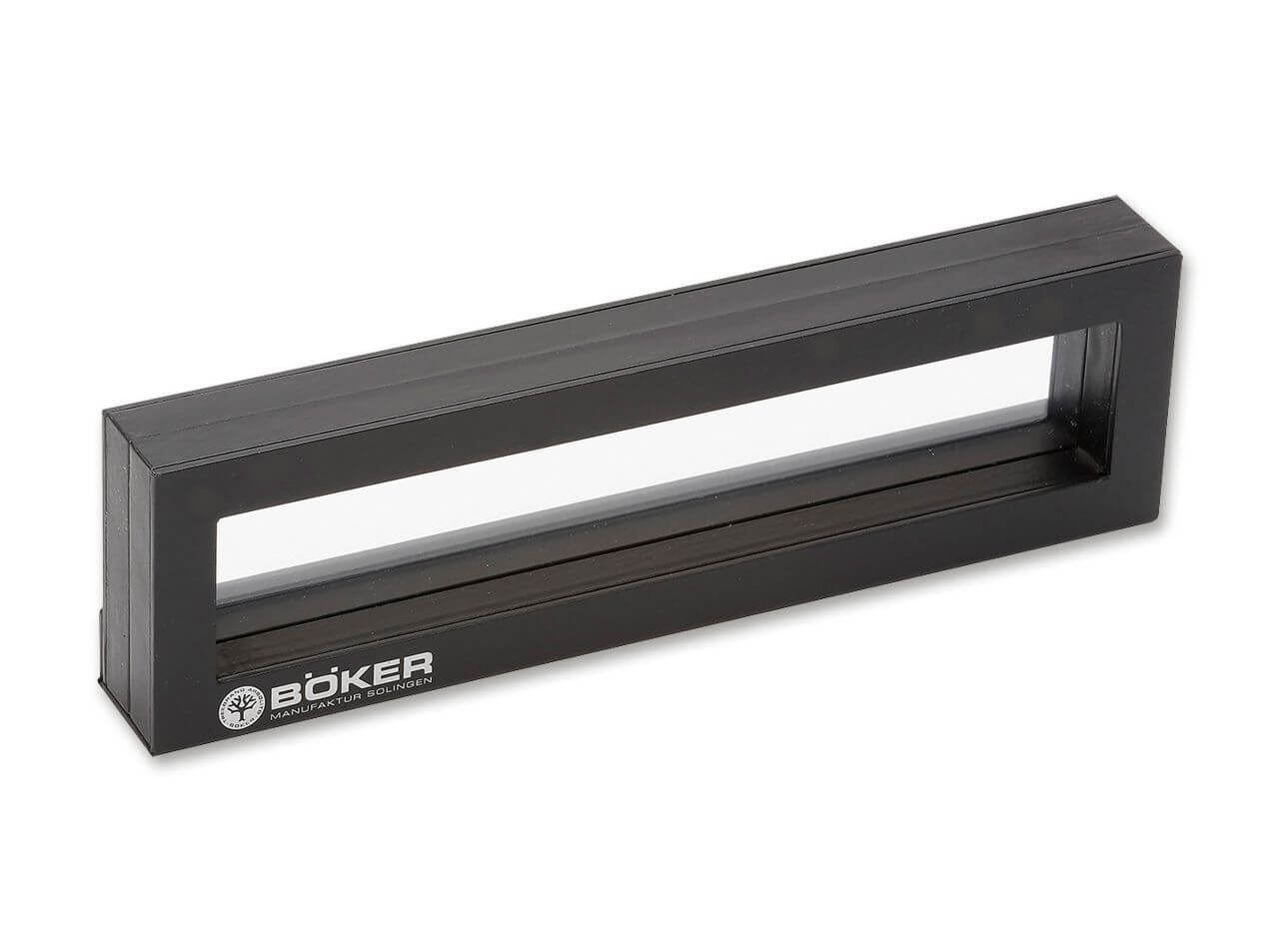 Boker Schwarzgold Bog Oak Wood Square Point 6/8&quot; Gilded Carbon Steel Straight Razor Floating Display Stand