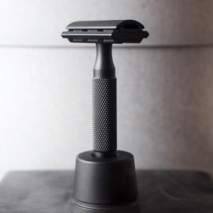 rockwell 6s adjustable  double edge razor  in limited edition matt black with matching inkwell stand